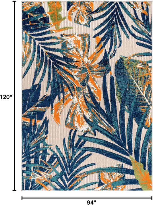 Tropical Floral Leaves Indoor/Outdoor Area Rug Durable Polypropylene, Non-Shedding, Easy to Clean, Perfect for Patio, Backyard, Deck and Outdoor Lounge, High Traffic Areas, 7'10" X 10'