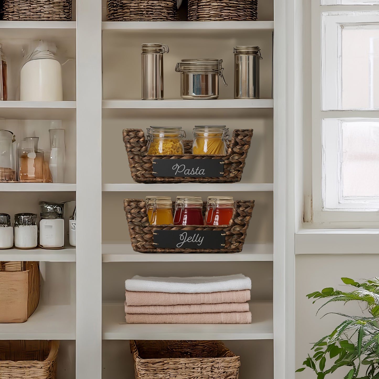 2Pk Wide Pantry Baskets, Wicker Hyacinth Seagrass Kitchen Shelf Storage Bins