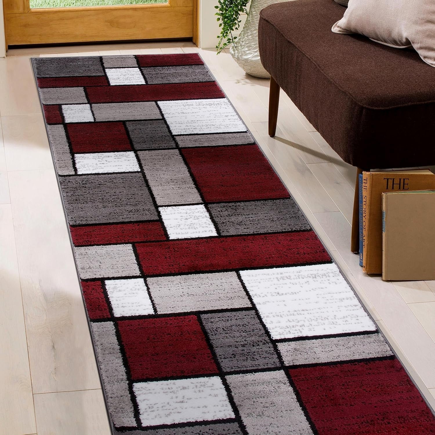 Modern Geometric Boxes Red Area Rug, Carpet with Jute Backing for Hallway, Entryway, or Laundry Room, 2' X 7'2"