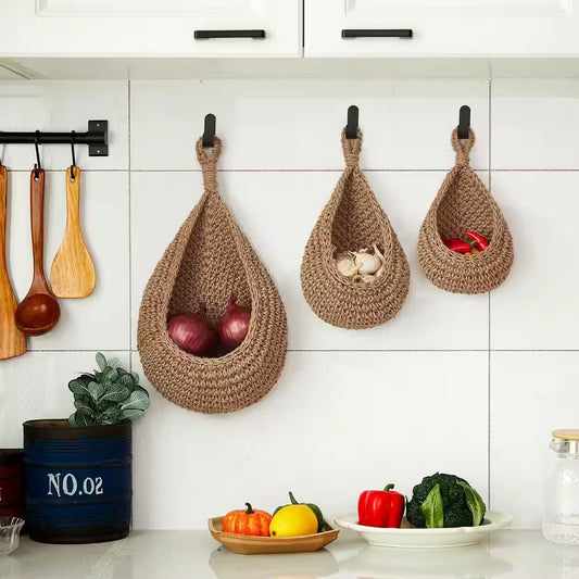 3 Piece Boho Decor Hanging Wall Baskets for Kitchen, Teardrop Storage Baskets with Hooks, Brown Hemp Rope Organizer