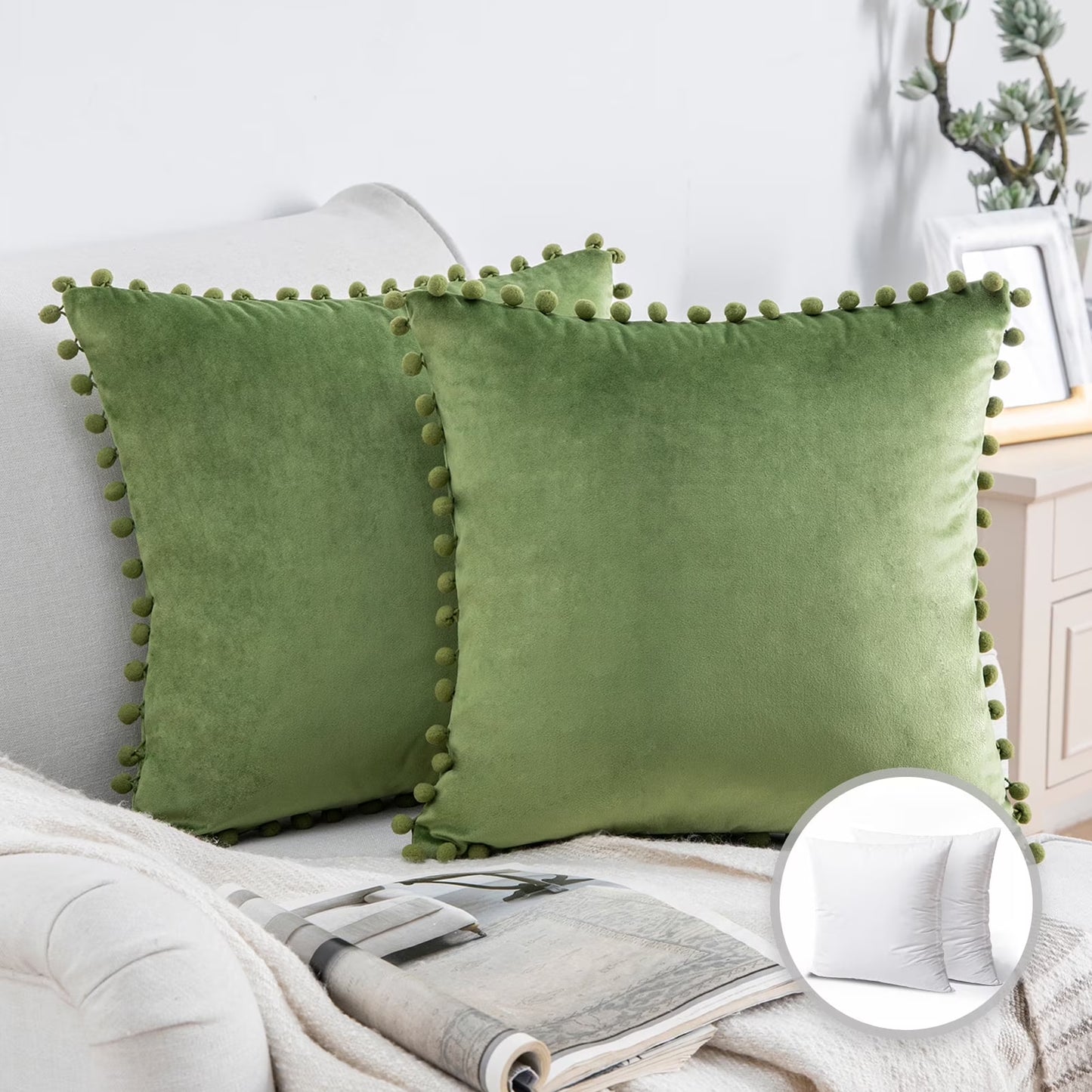 Throw Pillow with Insert，Silky Velvet Series Pom Pom Decorative Pillow, 20" X 20", Green, 2 Pack
