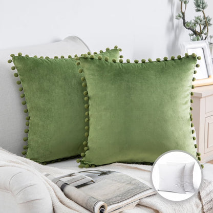 Throw Pillow with Insert，Silky Velvet Series Pom Pom Decorative Pillow, 20" X 20", Green, 2 Pack
