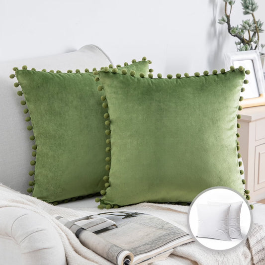 Throw Pillow with Insert，Silky Velvet Series Pom Pom Decorative Pillow, 20" X 20", Green, 2 Pack