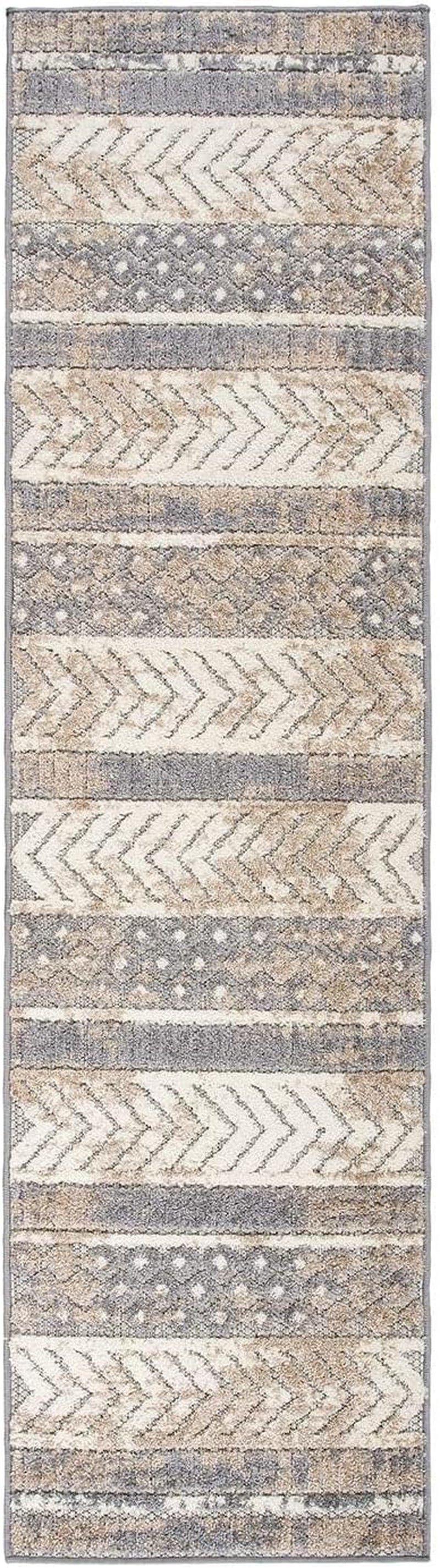 Distressed Geometric Indoor/Outdoor Beige Runner Rug Modern Tribal Stripe, Durable Stain Resistant Low Profile Perfect for Patio, Backyard, Deck and Outdoor Lounge 2' X 7'