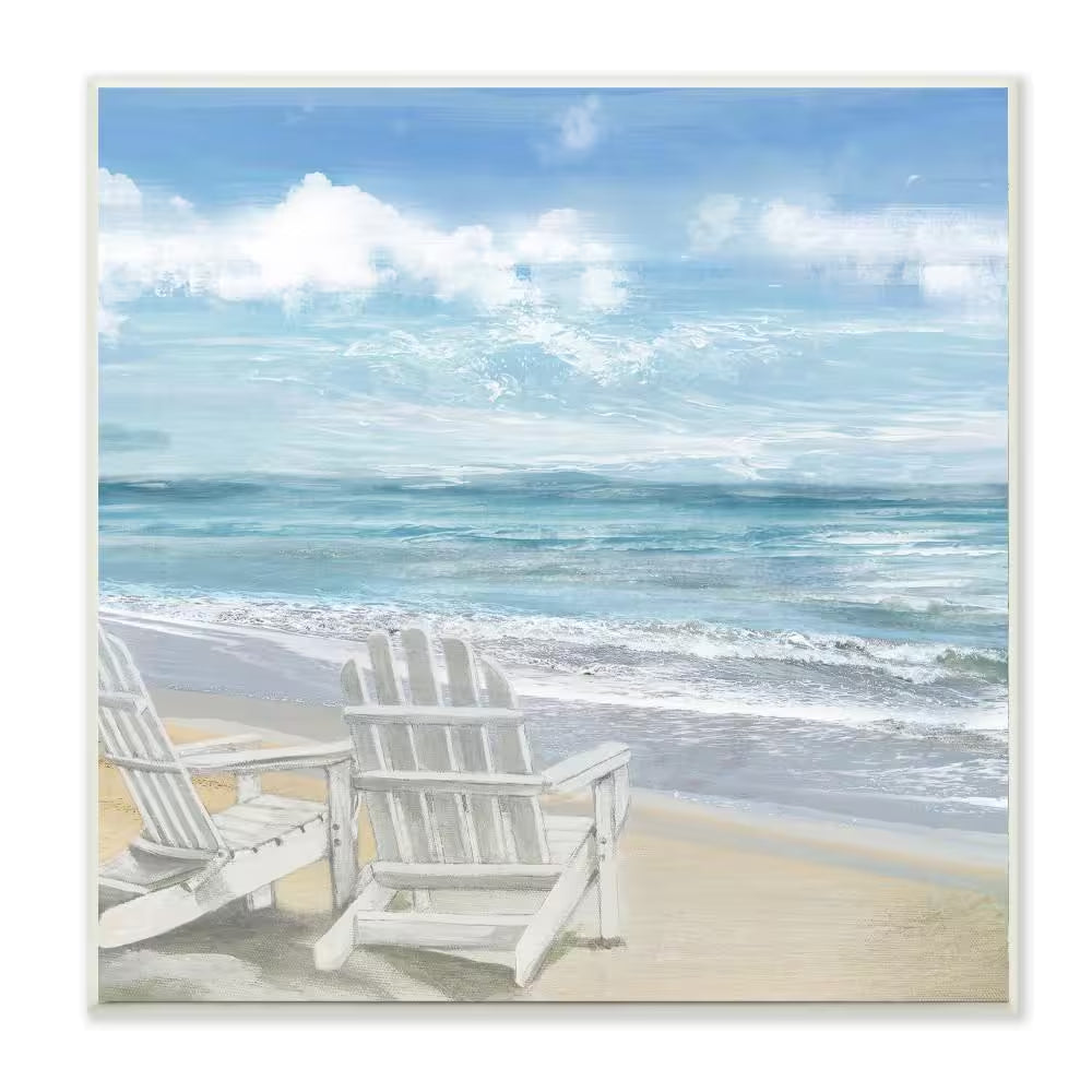 12 In. X 12 In. "White Adirondack Chairs on the Beach Painting" by Artist Main Line Art and Design Wood Wall Art
