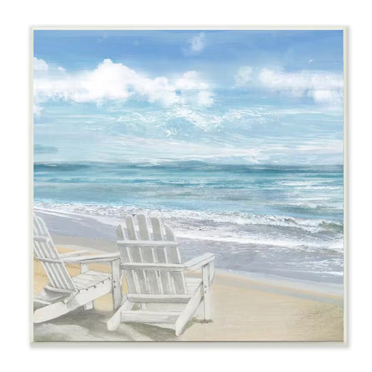 12 In. X 12 In. "White Adirondack Chairs on the Beach Painting" by Artist Main Line Art and Design Wood Wall Art