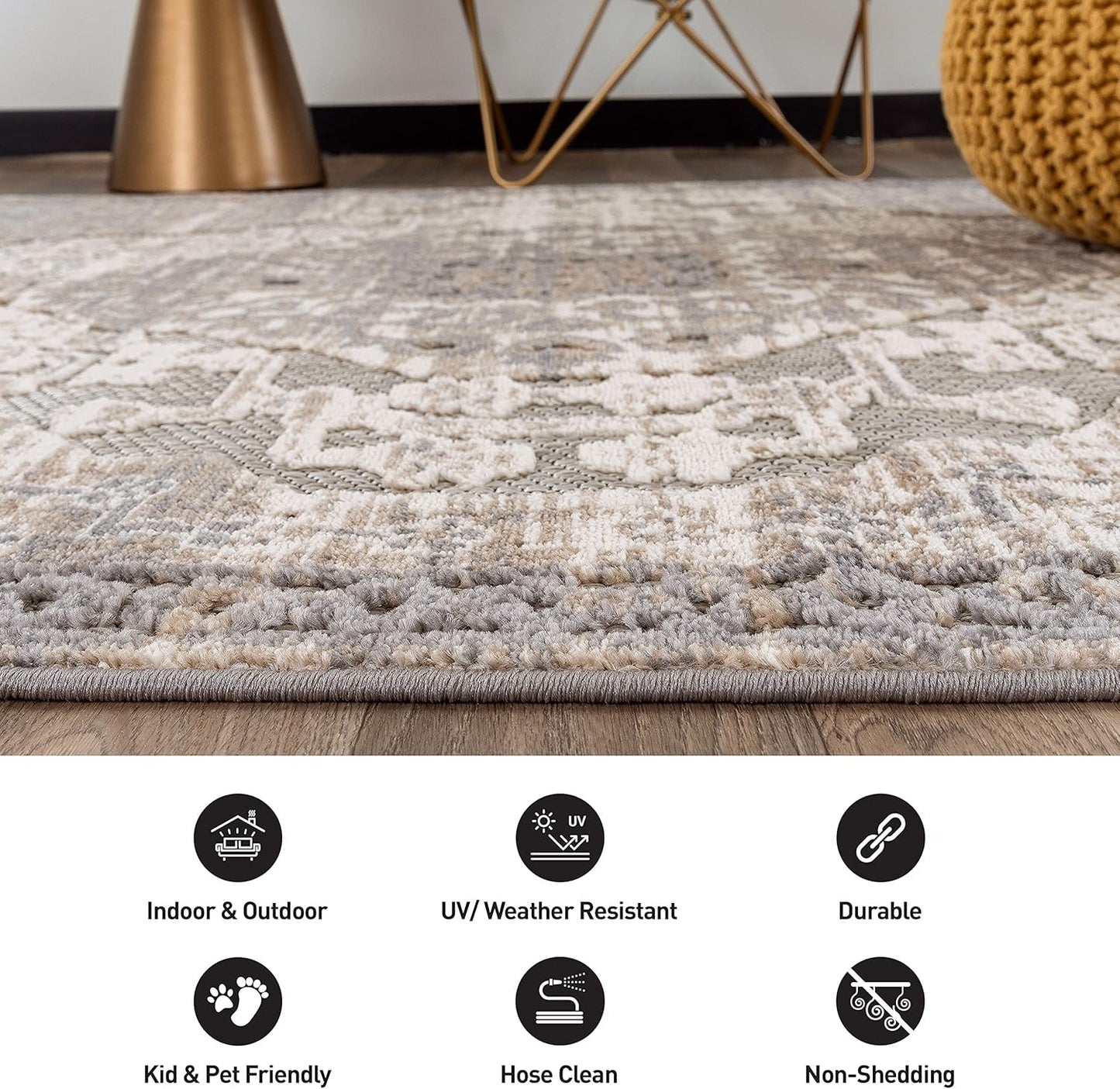 Distressed Traditional Indoor/Outdoor Runner Rug 2' X 7' Beige