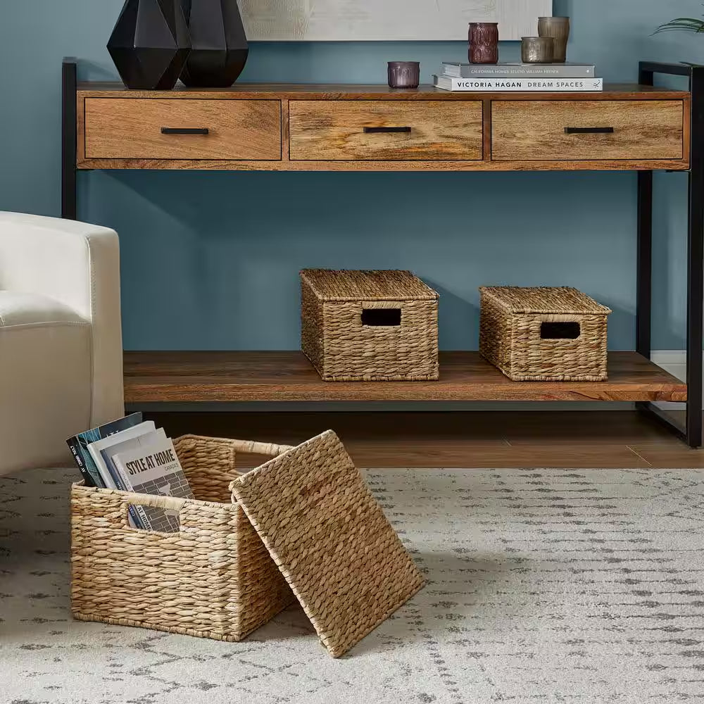 Rectangular Bulrush Lidded Storage Basket (Set of 3)