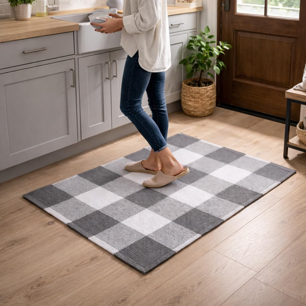Rug Buffalo Plaid Area Rug 24X36 Inch (2X3), Charcoal & White, Reversible Cotton Woven Farmhouse Rug for Living Room, Kitchen, Entryway, Bathroom