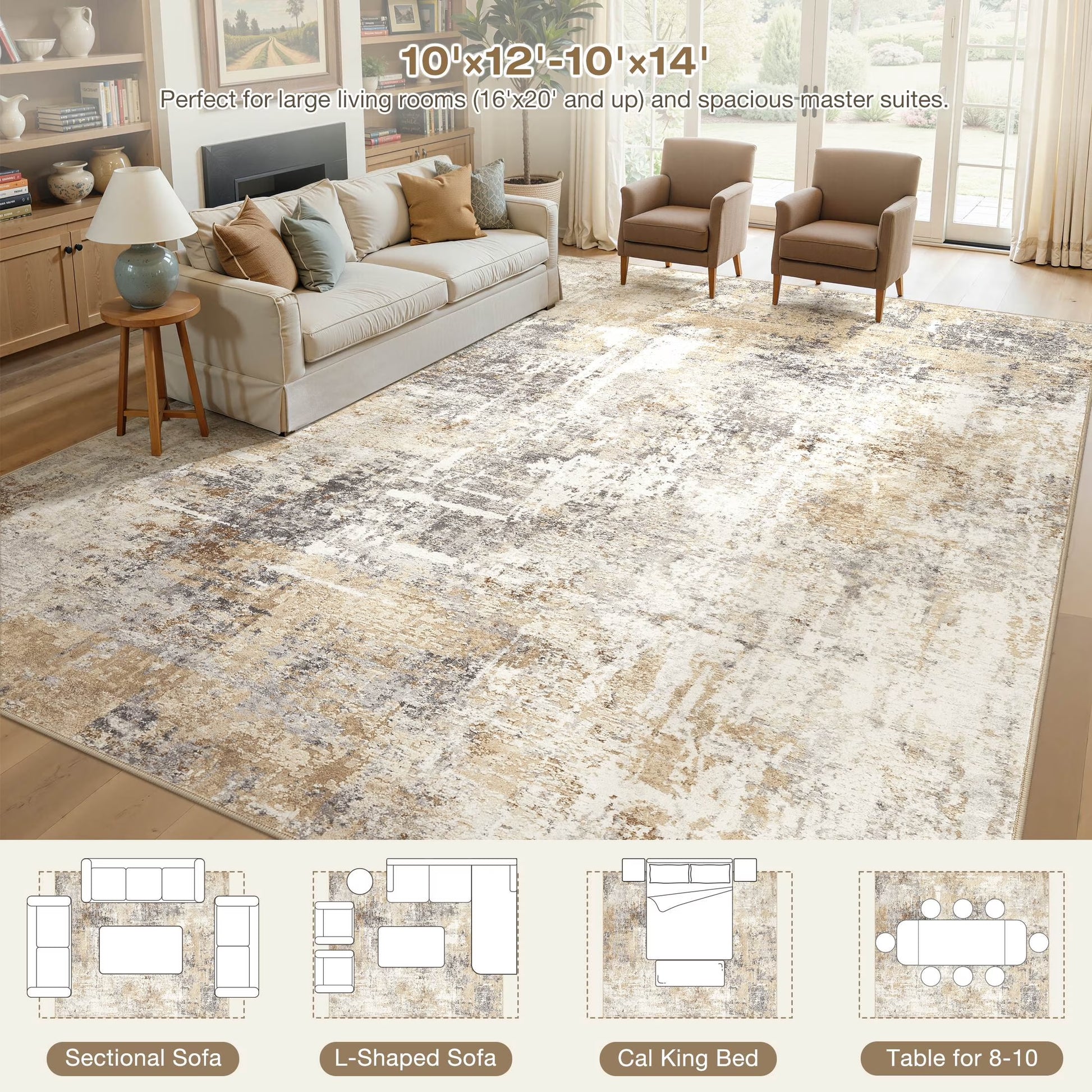 9'X12' Large Area Rugs for Living Room, Washable Non Slip Indoor Rug for Bedroom Home Decor Carpets, Modern Abstract Printed Carpet, Grey Gold