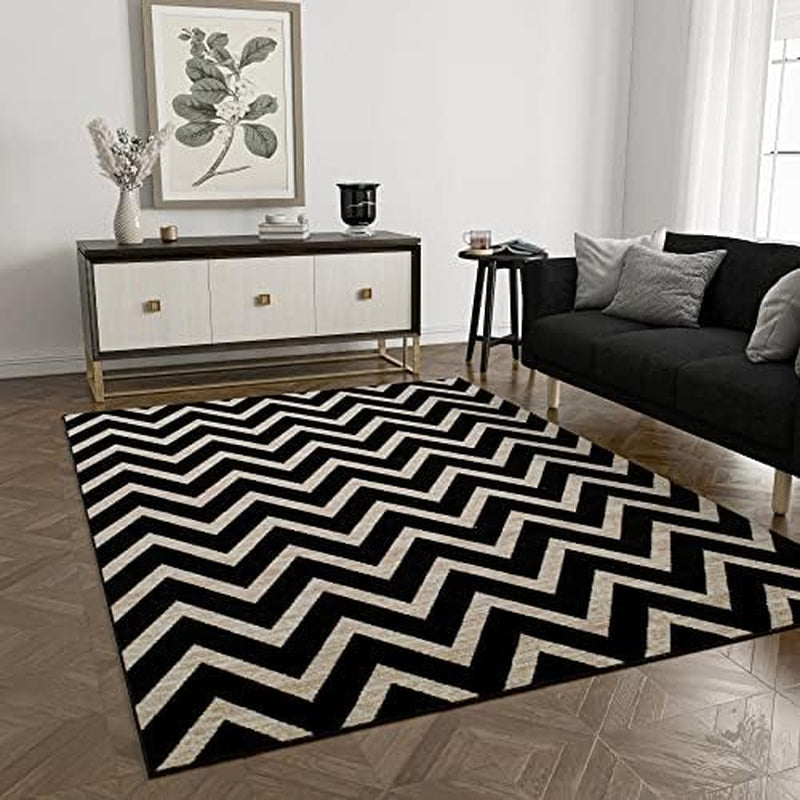 Premium Zig Zag Area Rug Stylish and Durable Living Room Bad Room Rug Pet-Friendly Design Easy-Clean Rug Long-Lasting Rug for Baby Large Black - 8X10
