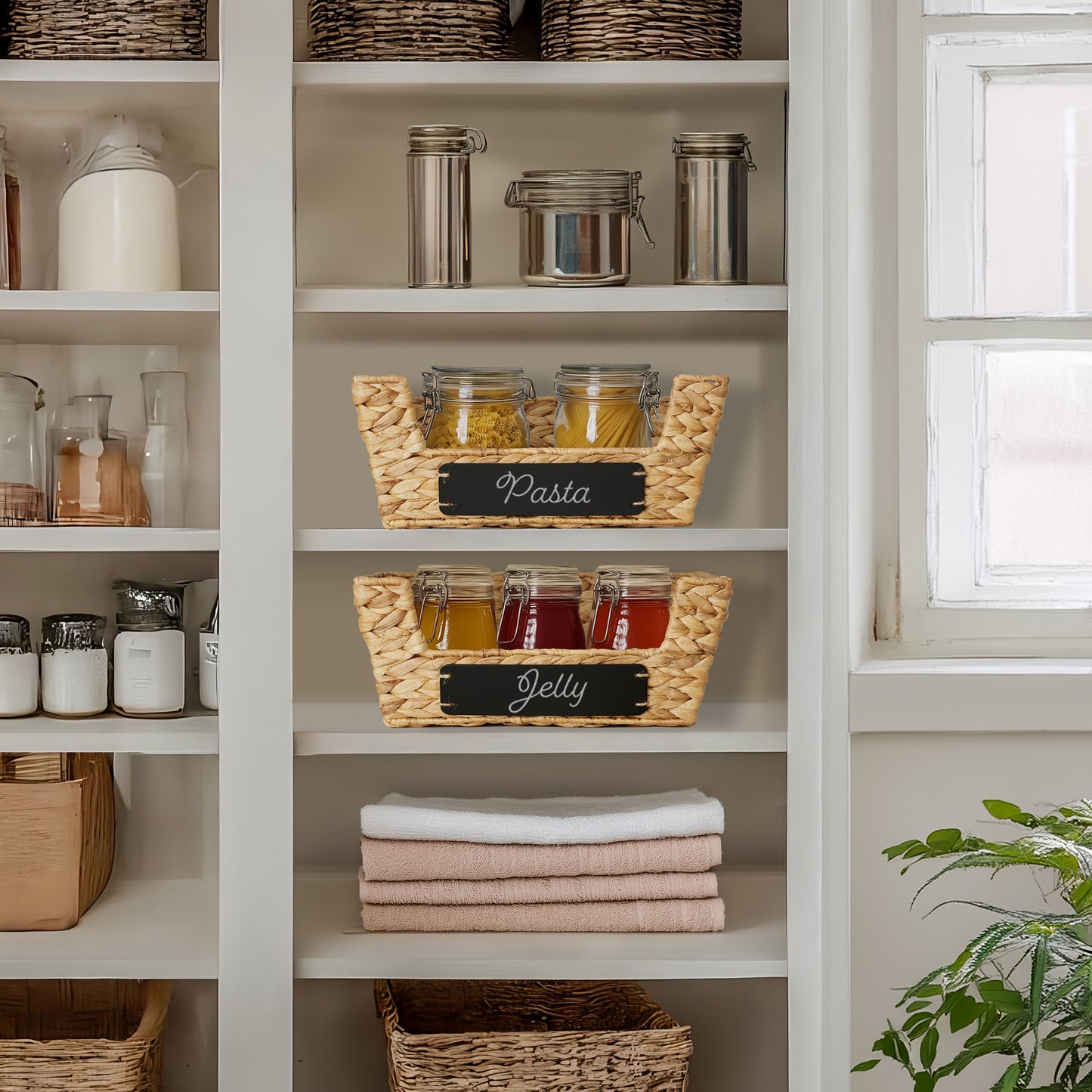 2Pk Wide Pantry Baskets, Wicker Hyacinth Seagrass Kitchen Shelf Storage Bins