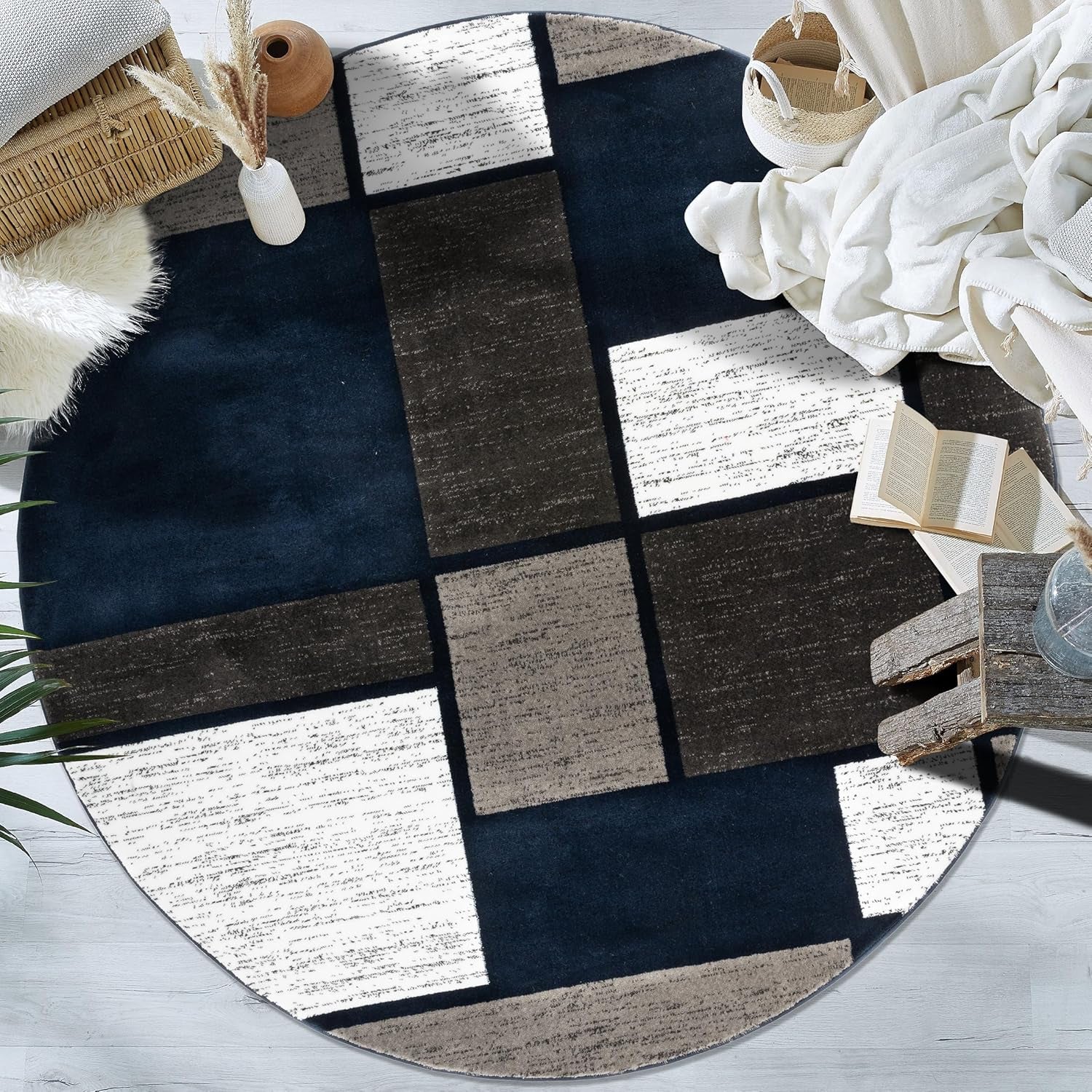 Contemporary Modern Boxes Area Rug 6' 6" Navy (6' 6" Diameter)