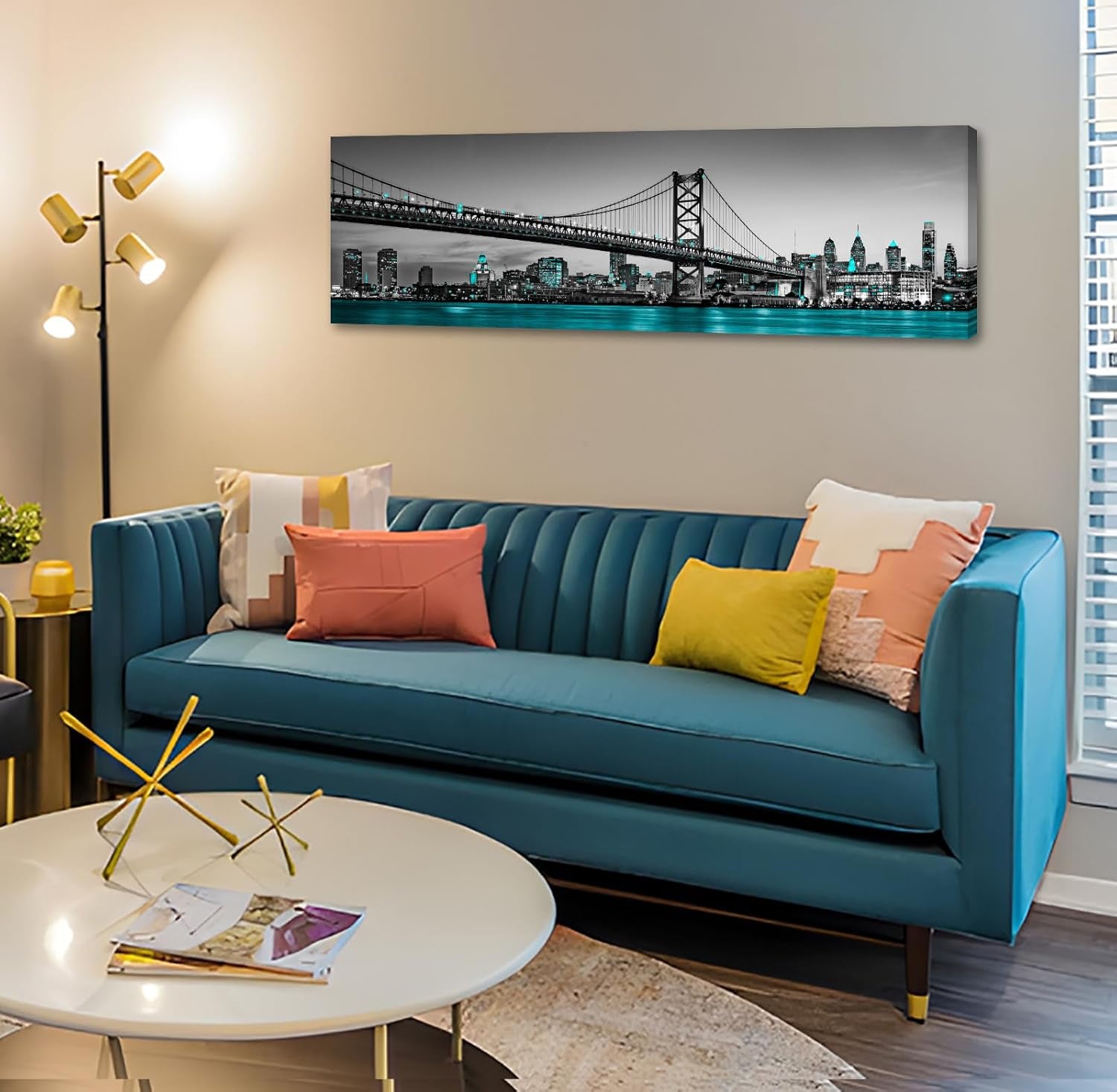 Philadelphia Skyline City Canvas Wall Art Decor Framed 14"X48" Black and White Aqua Green Teal Panorama Cityscape Pictures Artwork Painting Poster for Bedroom Office Decoration Stretch