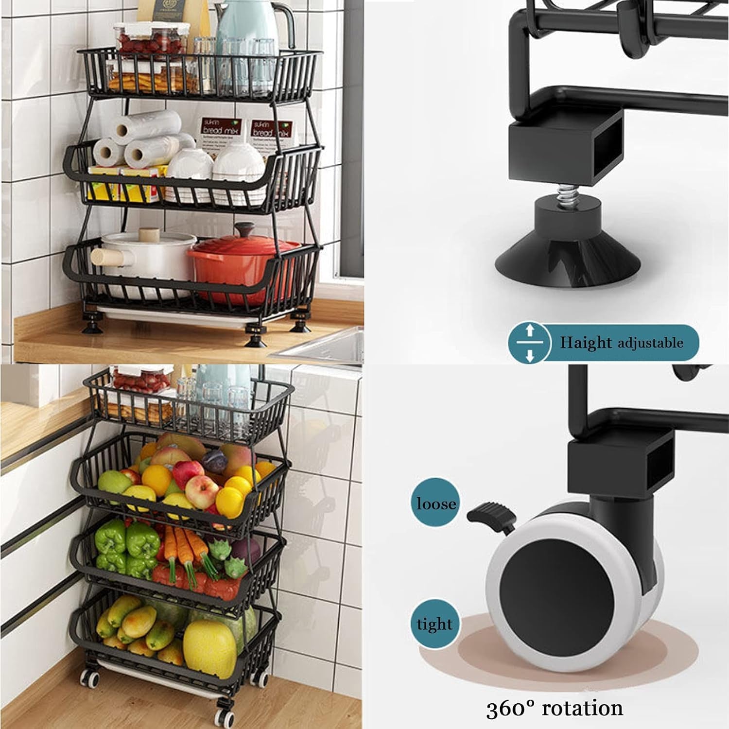 Kitchen Storage Baskets Black Iron Wire Storage Bins with Wheels and Feet, Stackable Vegetable Storage Baskets (6-Tier Baskets)