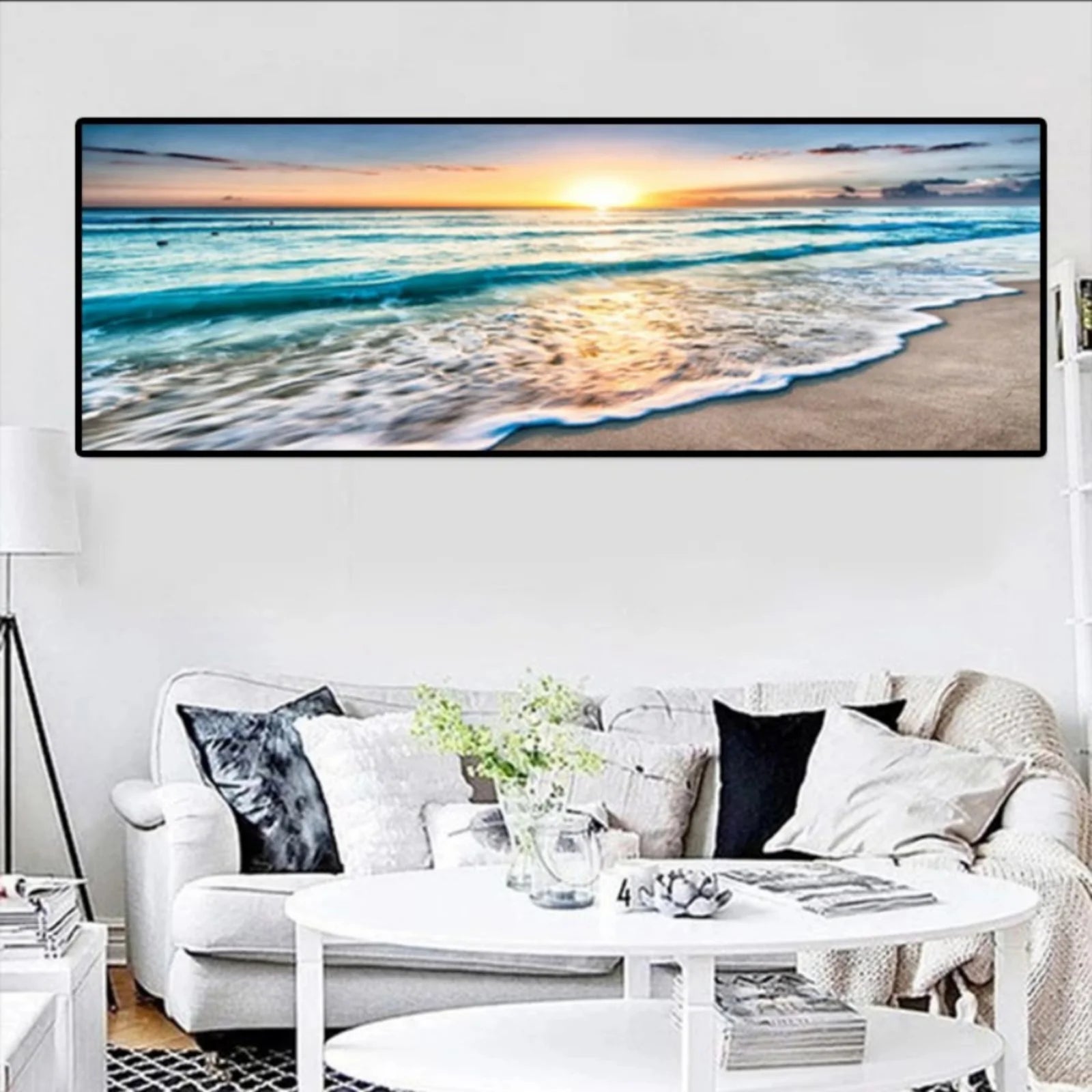 19.7*59 Inch Beach Wall Art for Living Room - Ocean Pictures Sunset Canvas Pictures Wall Decor,Blue Sky and Coastal Scenery Seascape Paintings for Bedroom Bathroom Office Home