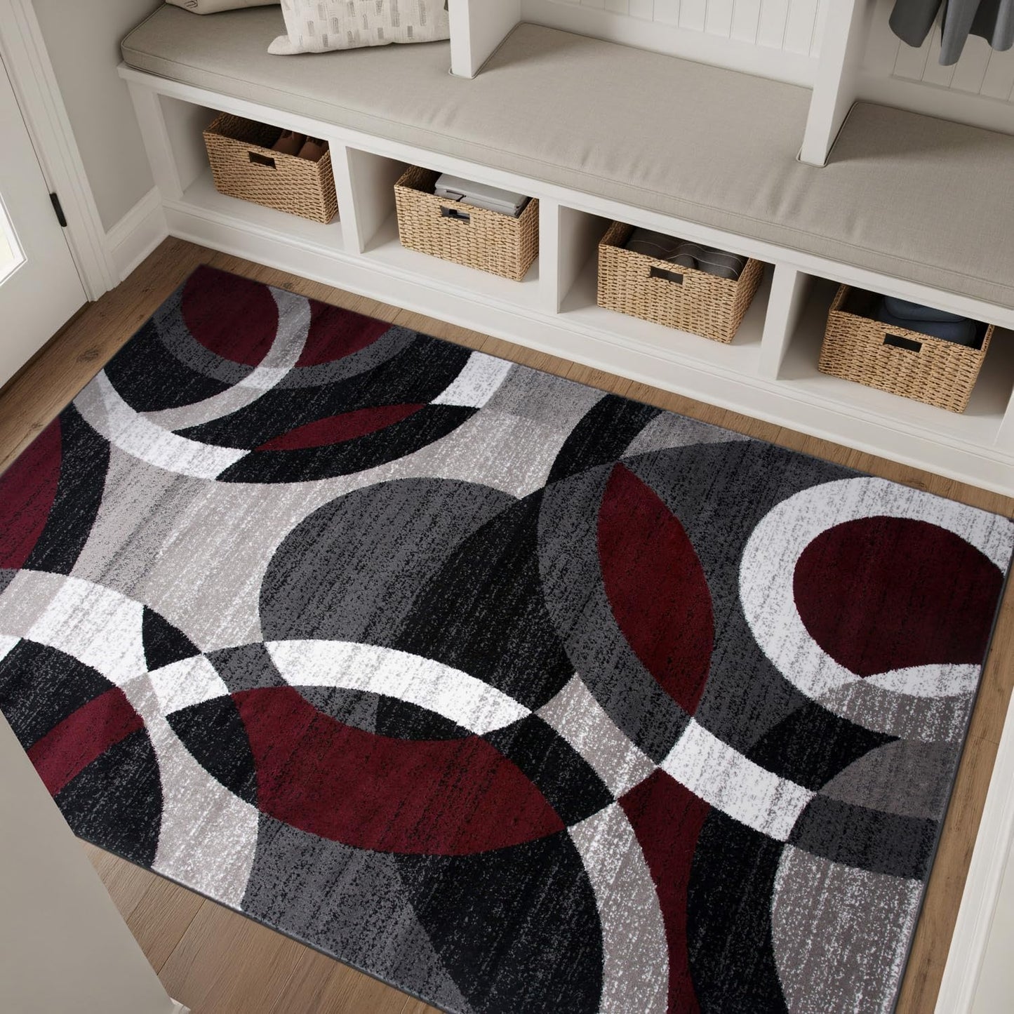 Red Modern Geometric Indoor Area Rug, Overlapping Circle Pattern, Fade Resistant, Non-Shedding, for Living Room, Bedroom and Home Office, 5'3" X 7'3"