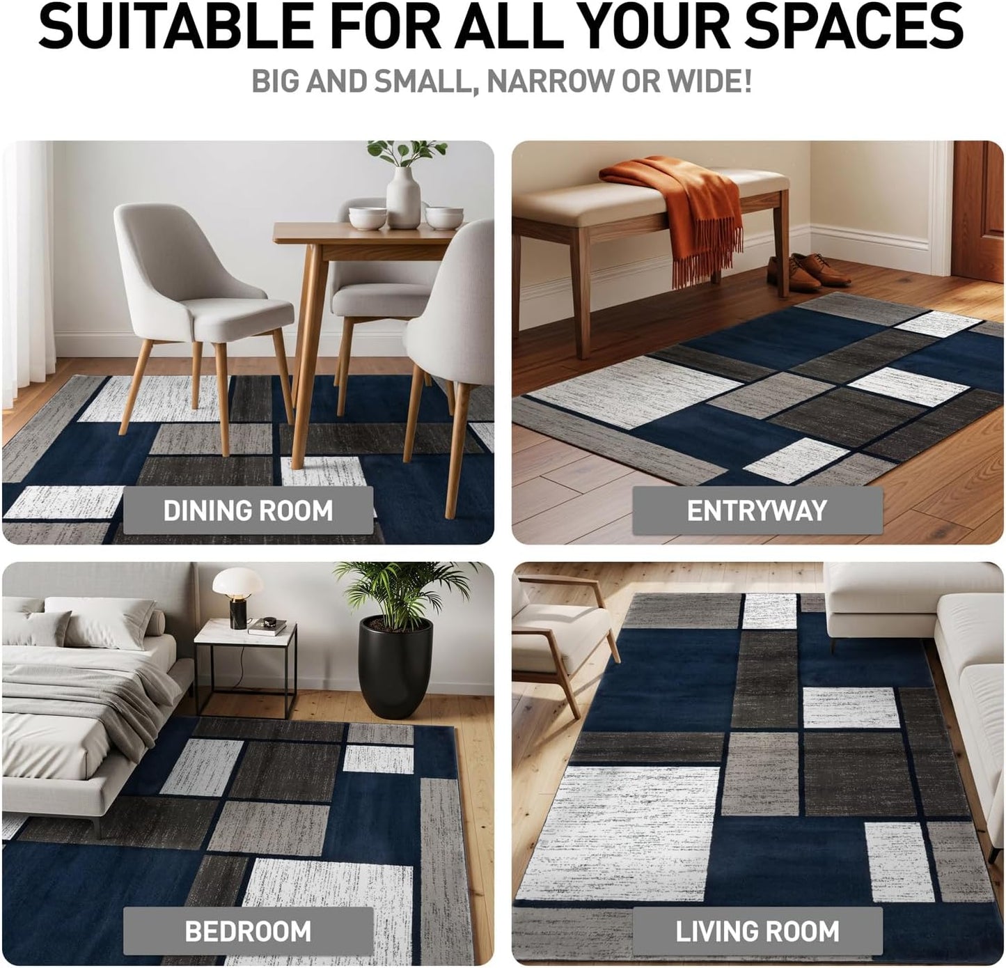 Modern Geometric Boxes Navy Area Rug, Non-Shedding Carpet for Living Room, Bedroom, or Dining Room, 5'3" X 7'3"