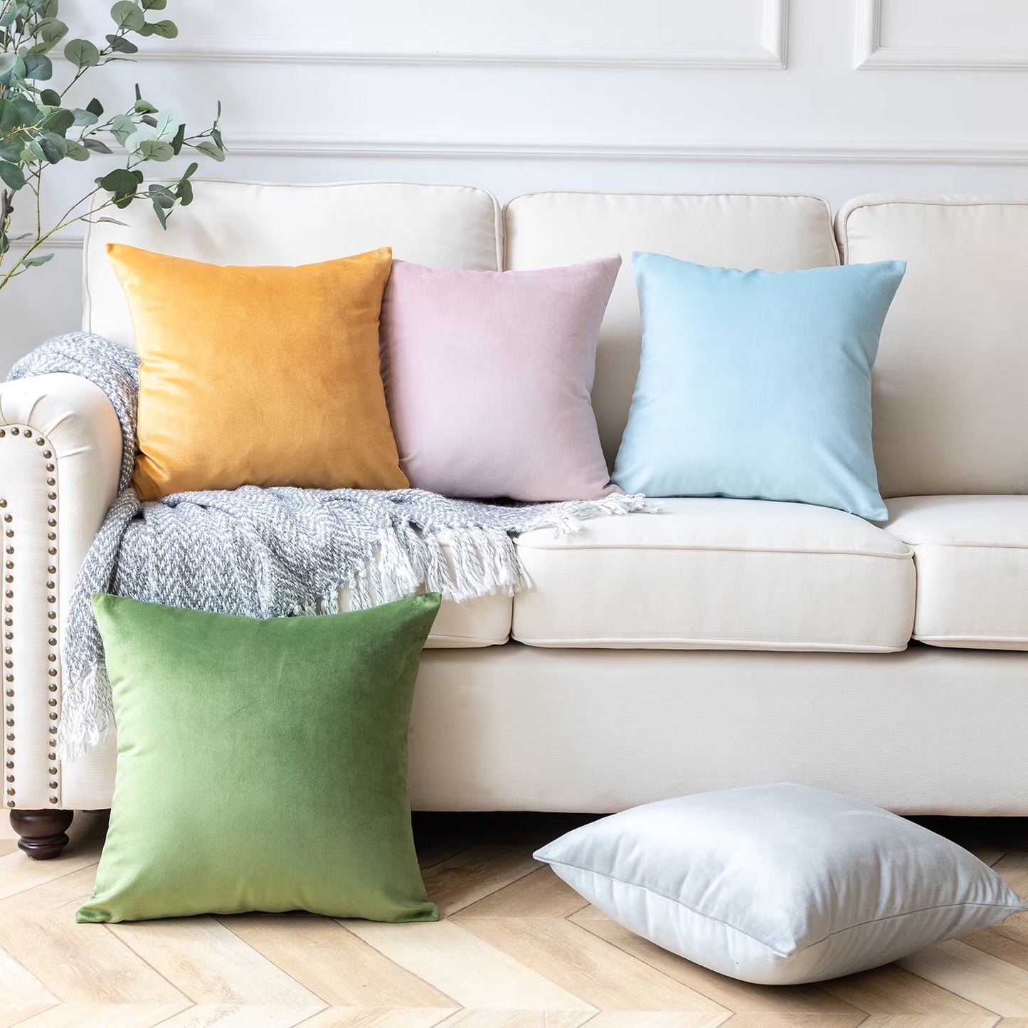 Soft Solid Square Velvet Decorative Throw Pillow Cover for Couch and Sofa, 18" X 18", Beige, 2 Pack