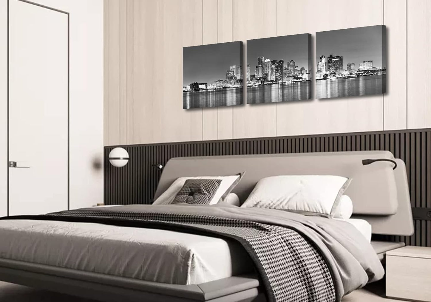 Boston Skyline Canvas Wall Art, Black and White City Night Scene Art Prints, Framed Panoramic Cityscape Pictures, Modern Living Room Bedroom Office Decor, Set of 3 (16X16 Inch)