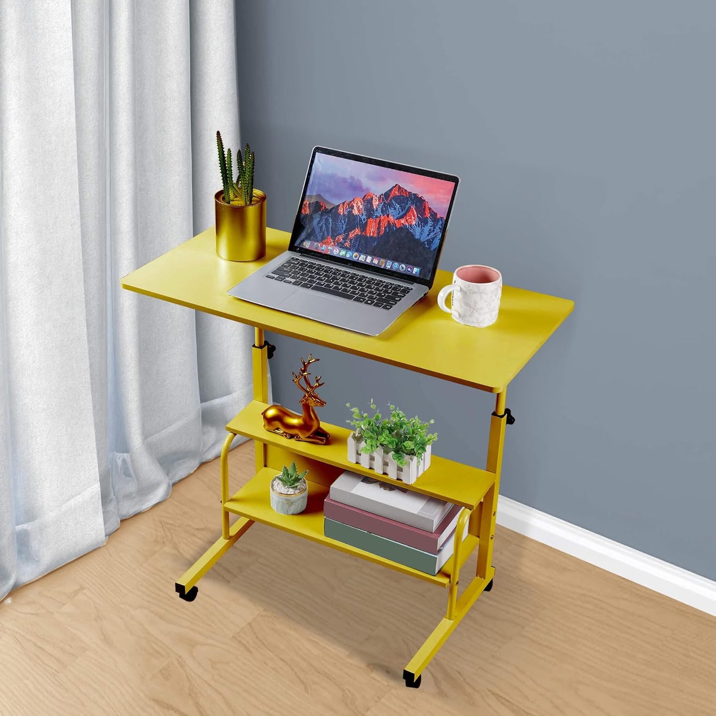 Small Desks for Small Spaces Rolling Adjustable Heigh Desk Portable Desk for Laptop Mobile Bedside Table with Storage Rack Small Spaces Desk Movable Home Office Desk Size 15.7 * 31.5 Inch Pink