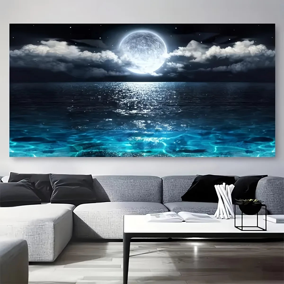 A Frameless Moonlight Ocean Canvas Wall Art, Large Abstract Moonlight Reflection Printing, Modern Home Decoration, Suitable For