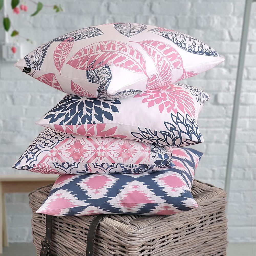 New Living Series Double Side Design Decorative Throw Pillow Cover, 18" X 18", Blue Pink, 4 Set