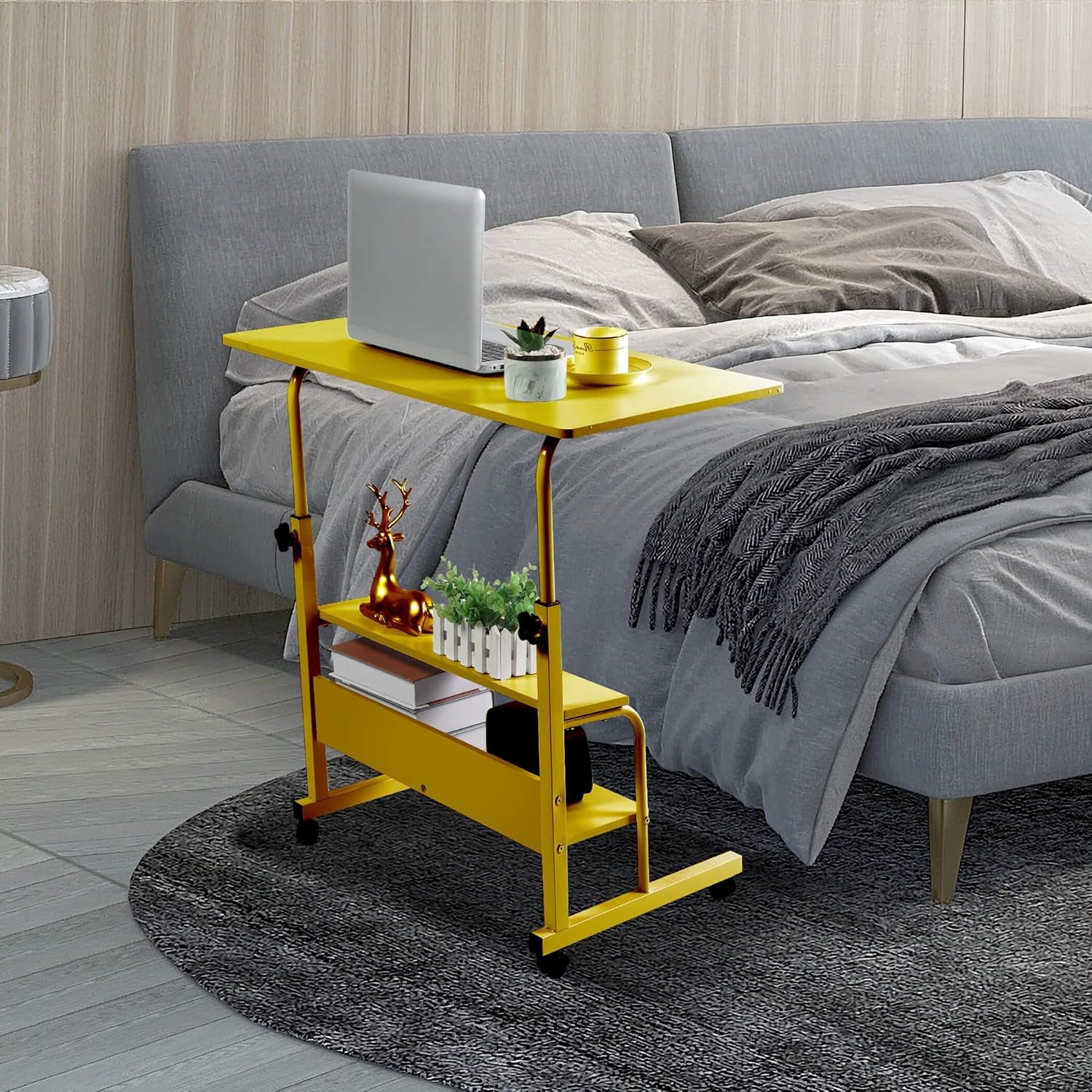 Small Desks for Small Spaces Rolling Adjustable Heigh Desk Portable Desk for Laptop Mobile Bedside Table with Storage Rack Small Spaces Desk Movable Home Office Desk Size 15.7 * 31.5 Inch Pink