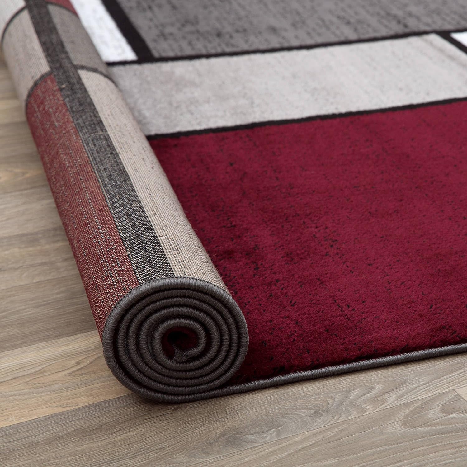 Modern Geometric Boxes Red Area Rug, Carpet with Jute Backing for Hallway, Entryway, or Laundry Room, 2' X 7'2"