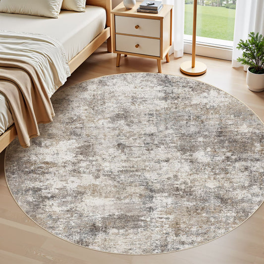 5'X5' round Washable Area Rugs for Living Room, Modern Abstract Printed Rug, Vacuum-Friendly, Non Slip Indoor Rug for Bedroom Entryway Home Decor Carpet, Gold Brown