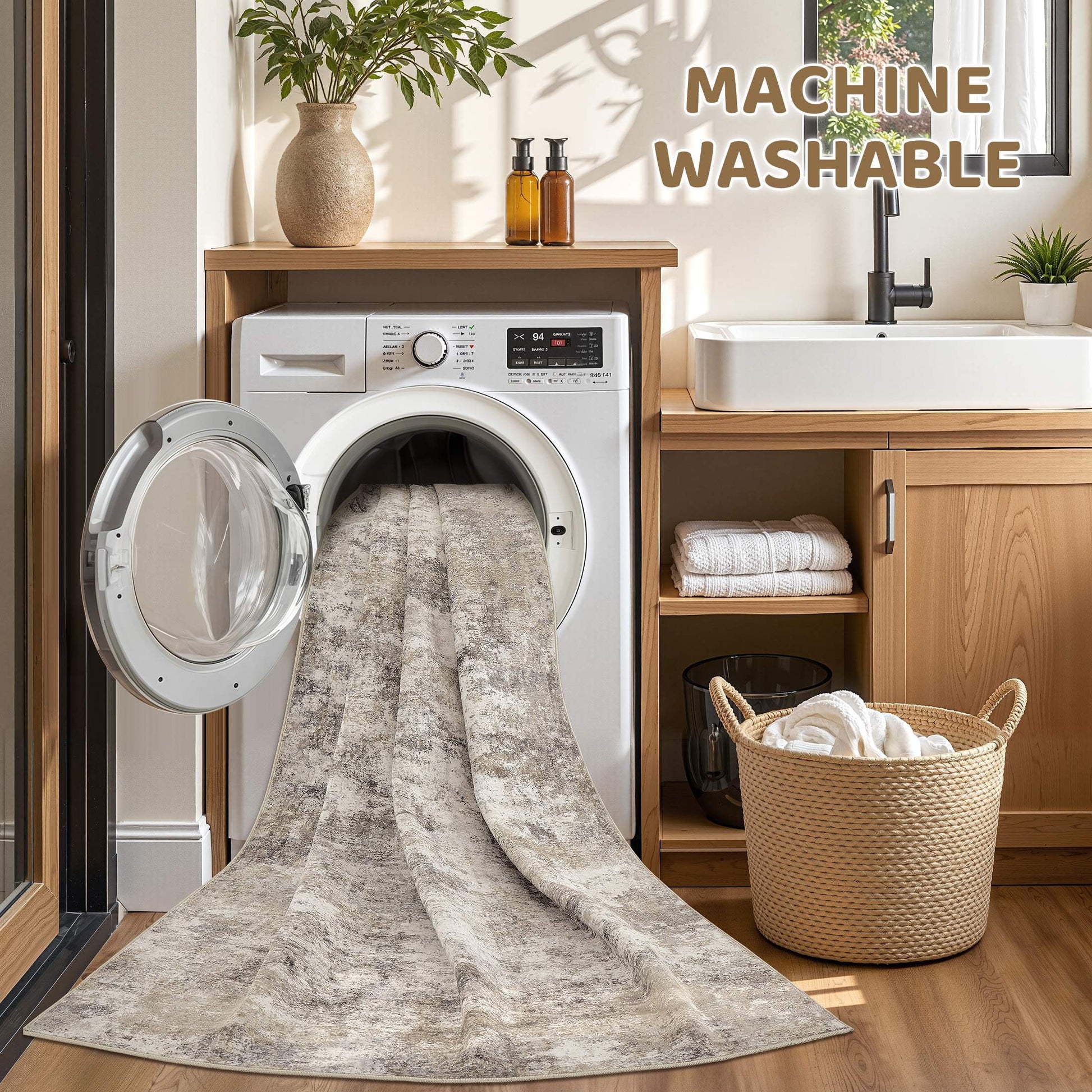 5'X7' Washable Area Rugs for Living Room, Modern Abstract Printed Carpet, Non Slip Indoor Rug for Bedroom Home Decor Carpets, Gold Brown