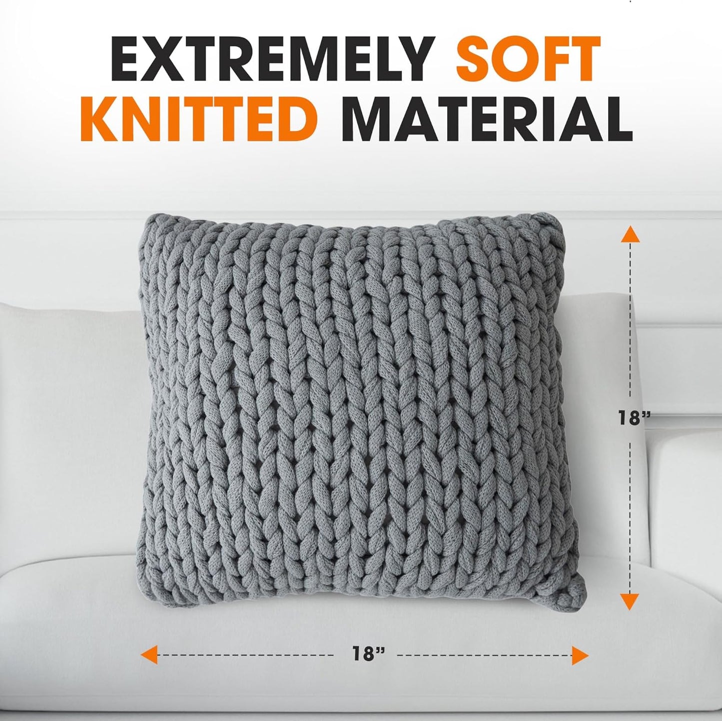 Knit Throw Pillow - Decorative Chunky Knit Pillow for Couch & Bed - Machine Washable - 18" - Gray