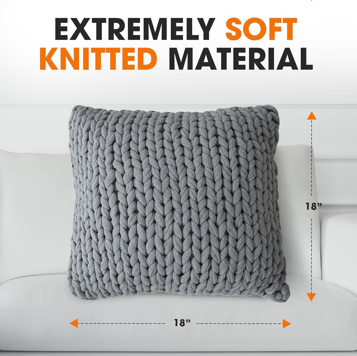 Knit Throw Pillow - Decorative Chunky Knit Pillow for Couch & Bed - Machine Washable - 18" - Gray