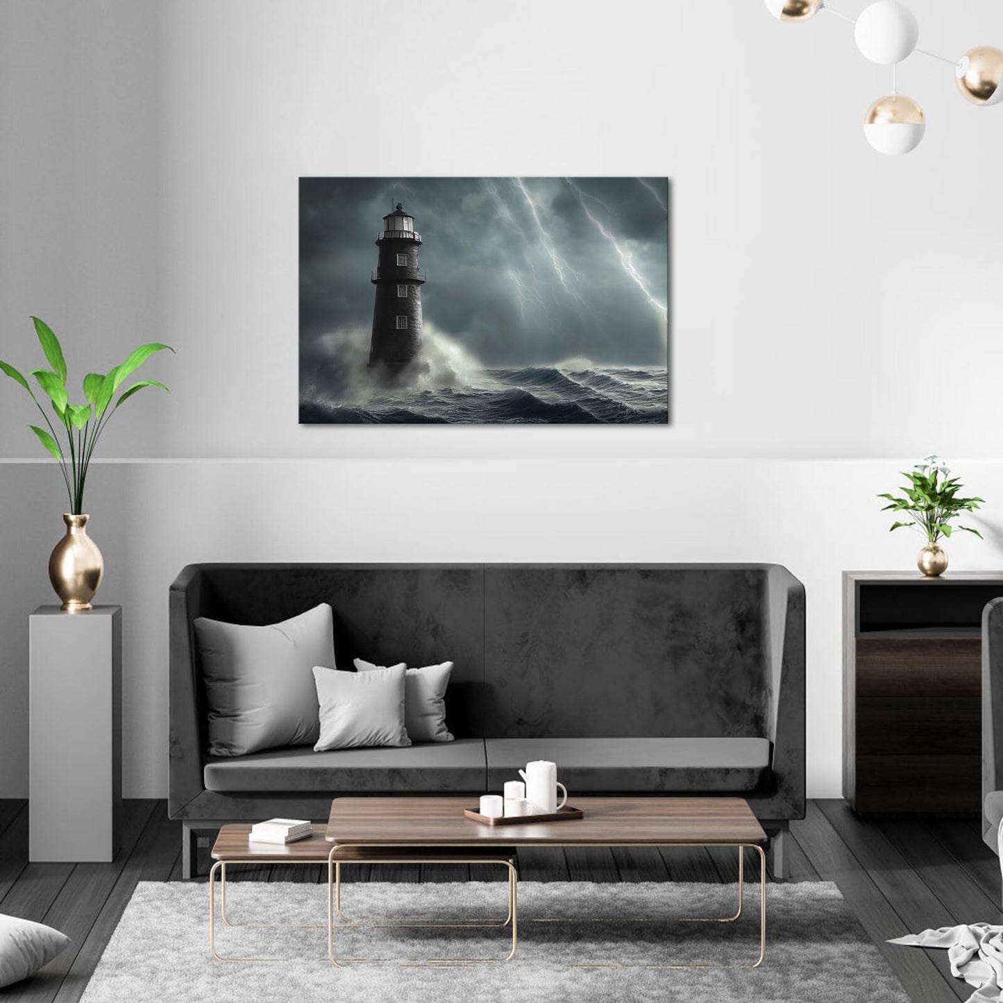 Artsbay Lighthouse Wall Art Black and White Nautica Storm Ocean Wave Seascape...