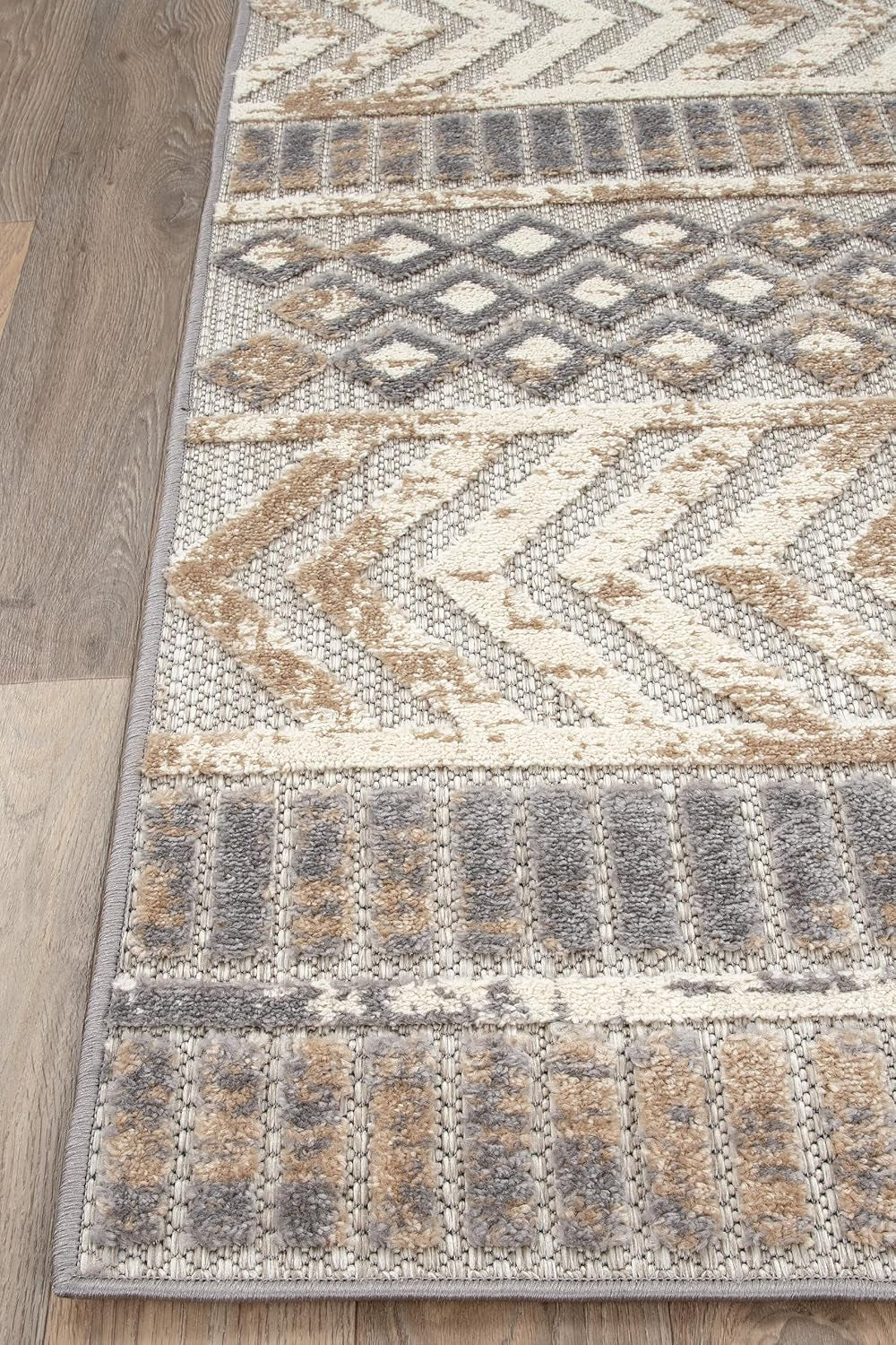 Distressed Geometric Indoor/Outdoor Beige Area Rug Modern Tribal Stripe, Durable Stain Resistant Perfect for Patio, Backyard, Deck and Outdoor Lounge 7'10" X 10'