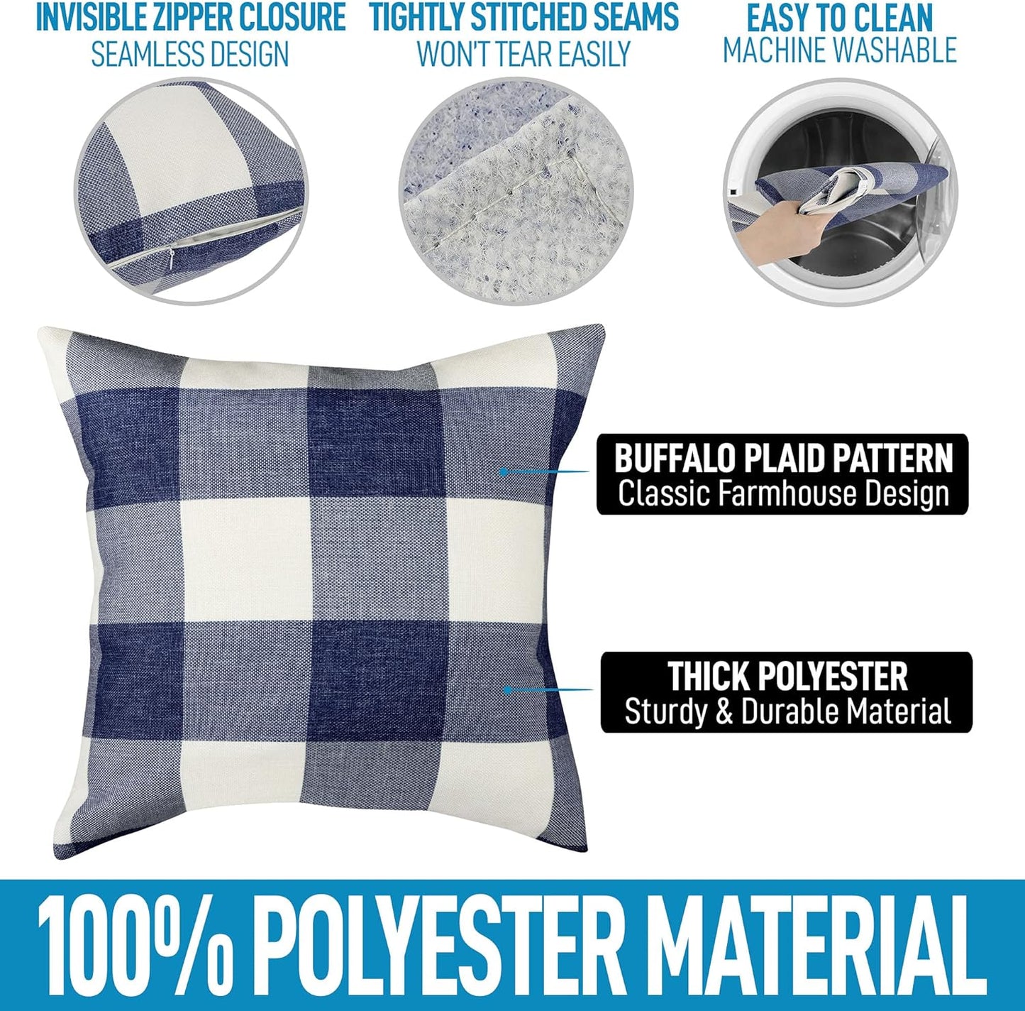 Pack of 2 Buffalo Plaid Throw Pillow Covers - Farmhouse Porch Pillows Outdoor & Indoor Covers - Polyester Buffalo Plaid Pillow Covers (16X16 Inch, Dark Blue & White)