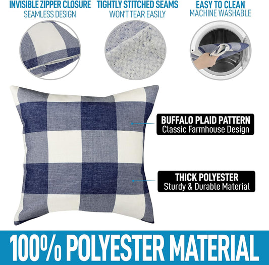 Pack of 2 Buffalo Plaid Throw Pillow Covers - Farmhouse Porch Pillows Outdoor & Indoor Covers - Polyester Buffalo Plaid Pillow Covers (16X16 Inch, Dark Blue & White)