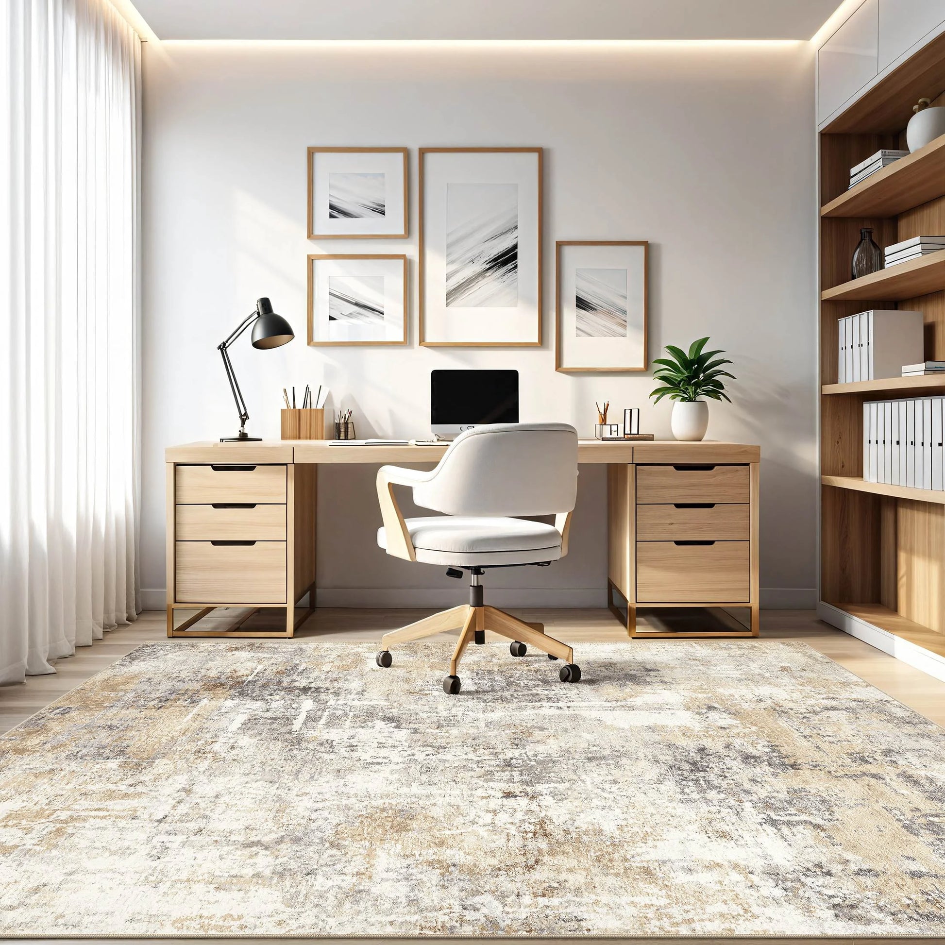 9'X12' Large Area Rugs for Living Room, Washable Non Slip Indoor Rug for Bedroom Home Decor Carpets, Modern Abstract Printed Carpet, Grey Gold