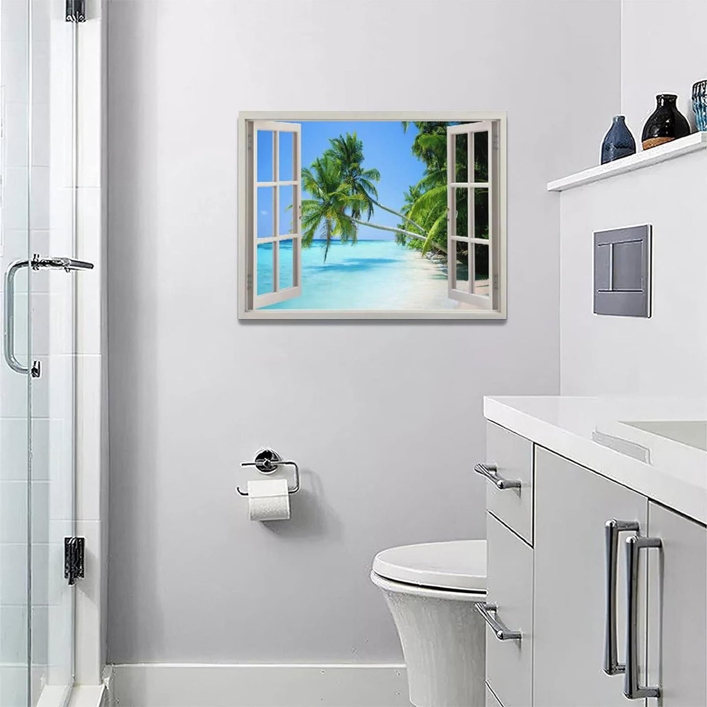 Tropical Palm Beach Wall Art Coastal Ocean Bathroom Pictures Wall Decor 3D Window Canvas Prints Framed Modern Seascape Landscape Painting Artwork for Living Room Hotel Kitchen Offic 16"X12"