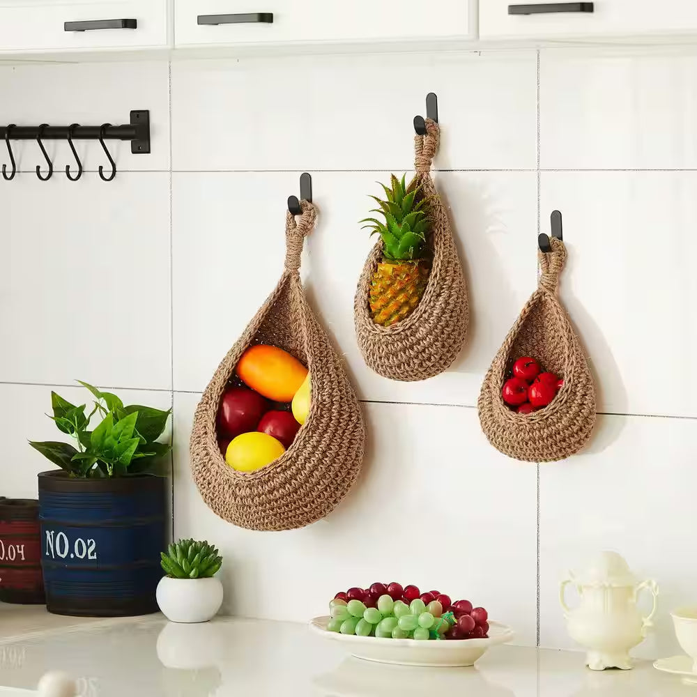 3 Piece Boho Decor Hanging Wall Baskets for Kitchen, Teardrop Storage Baskets with Hooks, Brown Hemp Rope Organizer