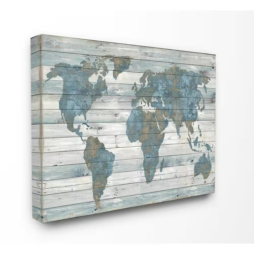 30 In. x 40 In. "Slate Blue and Tan Rustic Weathered World Map" by Artist Jamie Macdowell Canvas Wall Art