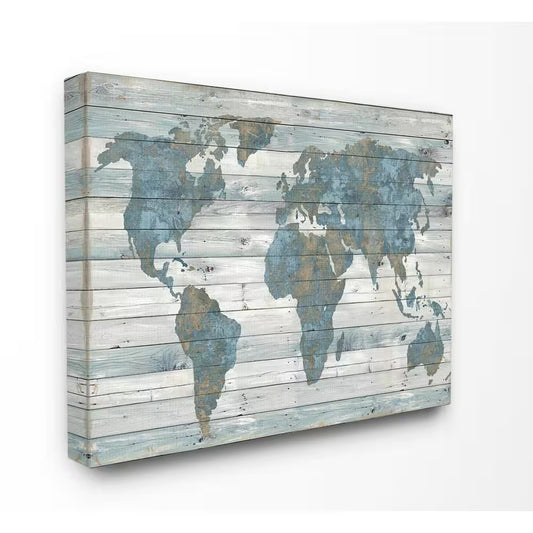 30 In. x 40 In. "Slate Blue and Tan Rustic Weathered World Map" by Artist Jamie Macdowell Canvas Wall Art