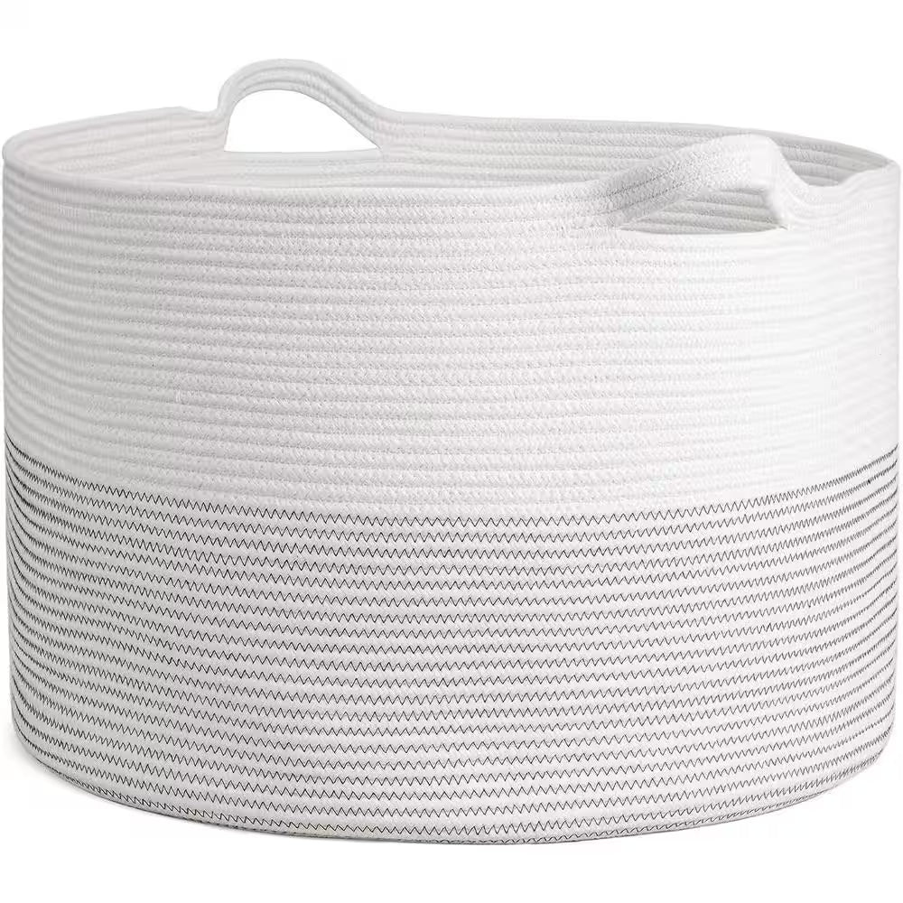 Cotton Rope Basket, 21.7 In. X 21.7 In. X 13.8 In. White Woven Baby Laundry Basket for Blankets
